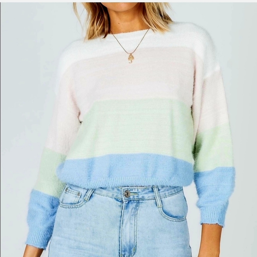 Princess Polly Pastel Block Striped Soft Crop Sweater Size S/M